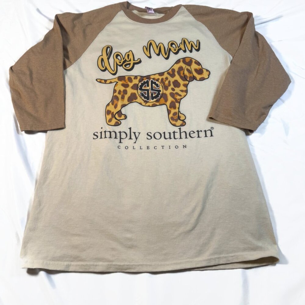 Simply Southern Dog Mom T-shirt 3/4 Sleeve Beige Women's Medium Baseball Tee